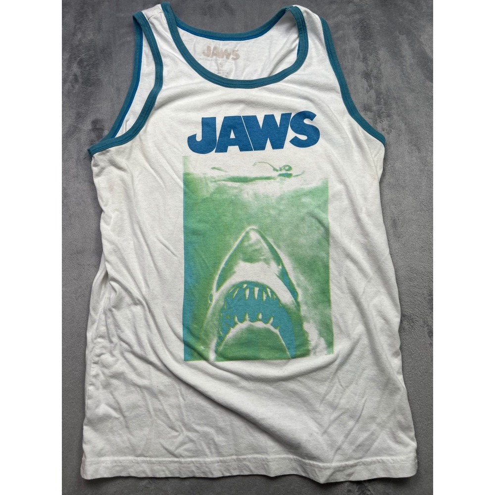 Jaws Movie Graphic Tank Top White Blue Ringer Sleeveless Shark Film Shirt Small